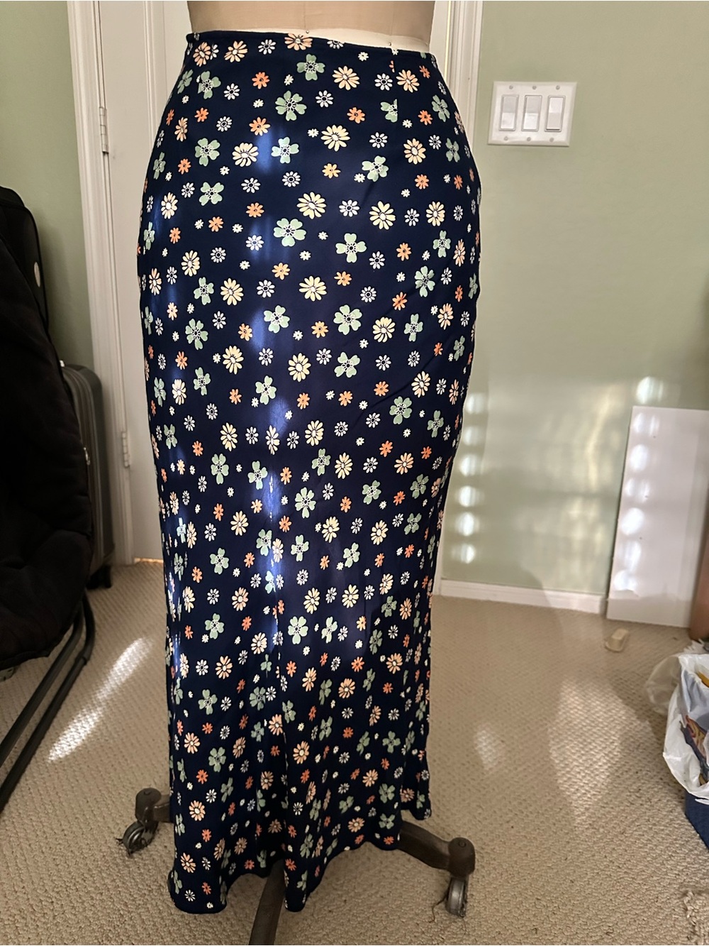 Vintage 90s J. Crew no waist Navy Maxi Skirt with Cream and Light Green Floral